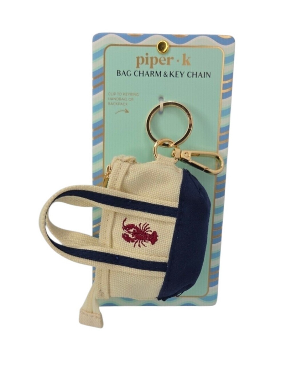 💙▪️Piper k ▪️Cream & Navy Canvas Tote Bag Charm with Lobster Embroidery Keyring